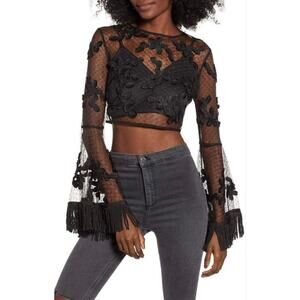 Anthropologie Endless Rose Woman Black Floral Lacrosse Crop Top with Bel…